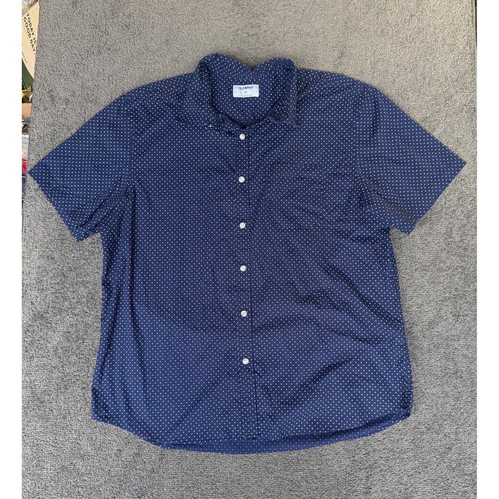 Old Navy Mens XL Navy Blue Polka Dot Short Sleeve Button Down Shirt Stretch